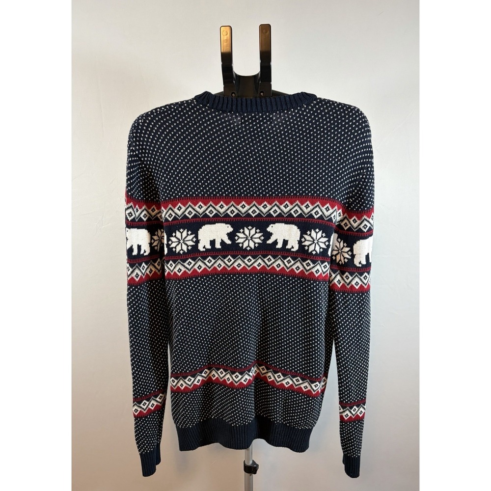 Aspen Mens Large Polar Bear Snow Fair Isle Blue Long Sleeve Sweater Cotton Crew - Picture 2 of 8